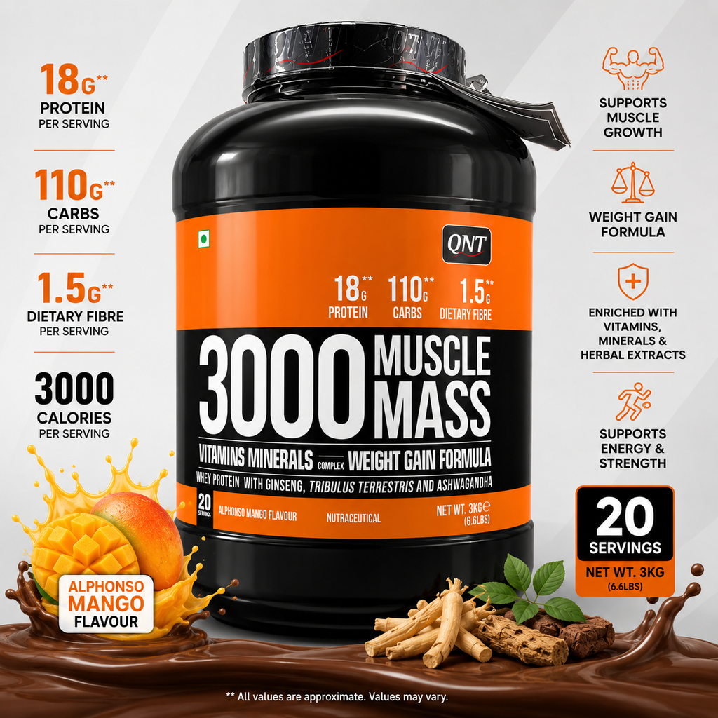 QNT 3000 Muscle Mass Weight Gainer - Alphonso Mango (3 kg)