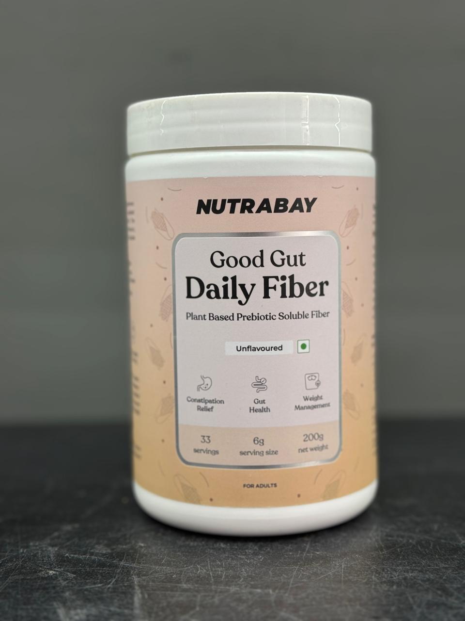 Nutrabay Good Gut Daily Fiber – Plant-Based Prebiotic Soluble Fiber (Unflavoured, 200g)
