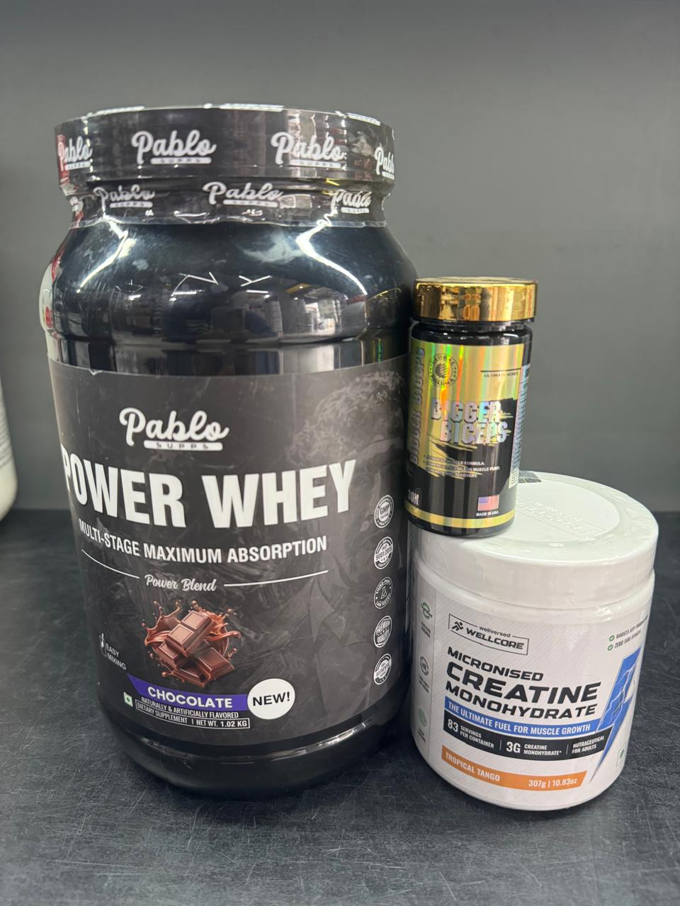 Ultimate Muscle Build & Power Combo: Pablo Power Whey, Wellcore Micronised Creatine, and Global Pharma Bigger Biceps
