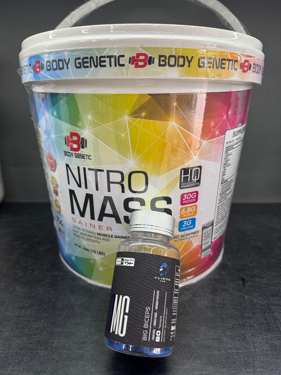 Body Genetic Nitro Mass Gainer (4.5 Kg) & Aliens Lab OMG Big Biceps 60 Caps Combo offer sale