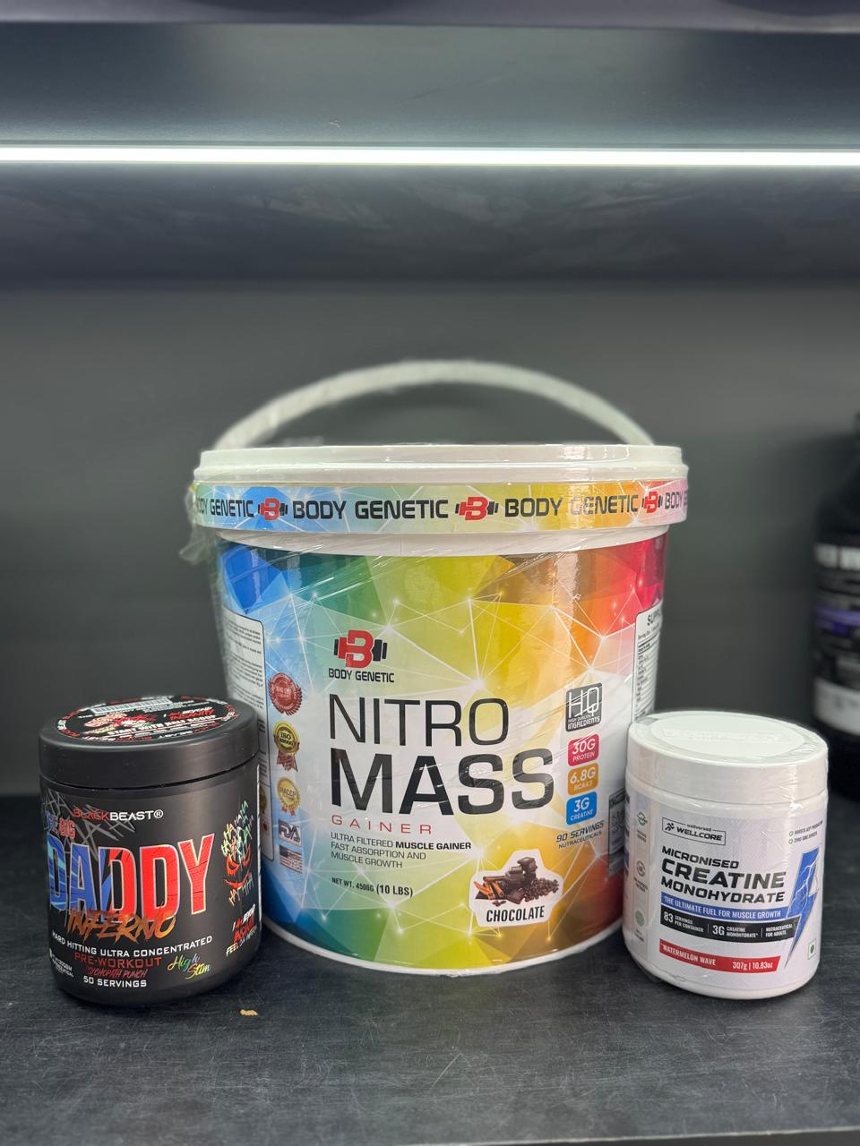 Ultimate Fitness Stack – Nitro Mass Gainer, Daddy Inferno Pre-Workout & Wellcore Creatine Combo