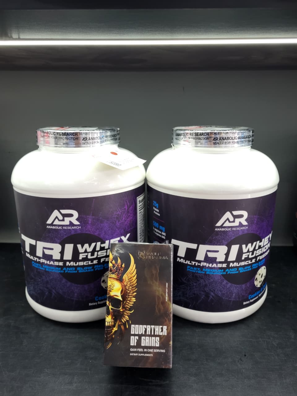 Elite Muscle Recharger Stack – 2x Anabolic Research (AR) Tri-Whey Fusion (2KG each) + Wolf Pharma Godfather of Gains (30 Caps)