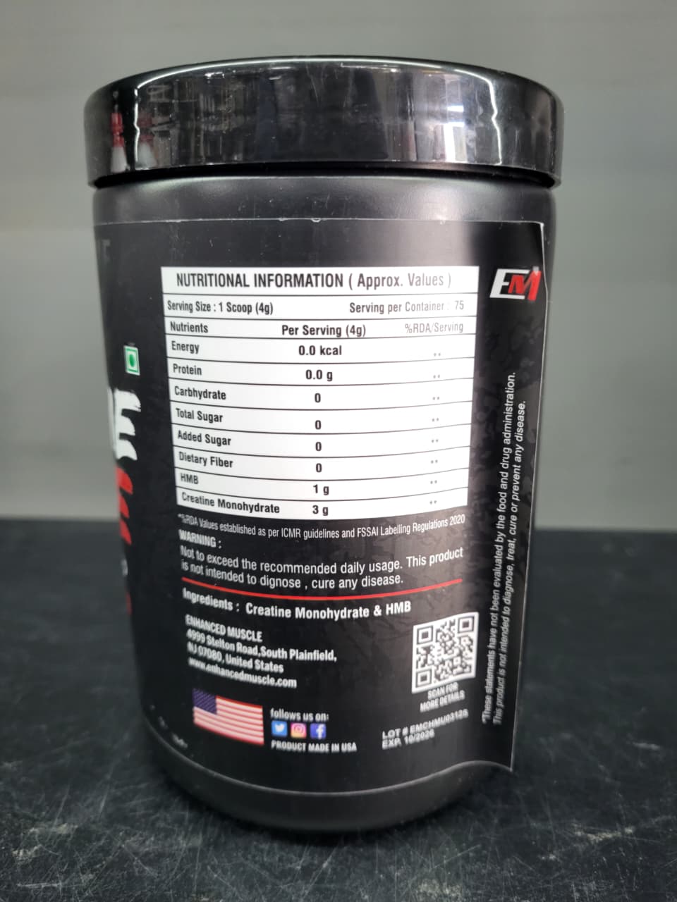 Enhanced Muscle Creatine Force – 3000mg Micronized Creatine Monohydrate with HMB (300g, 75 Servings)