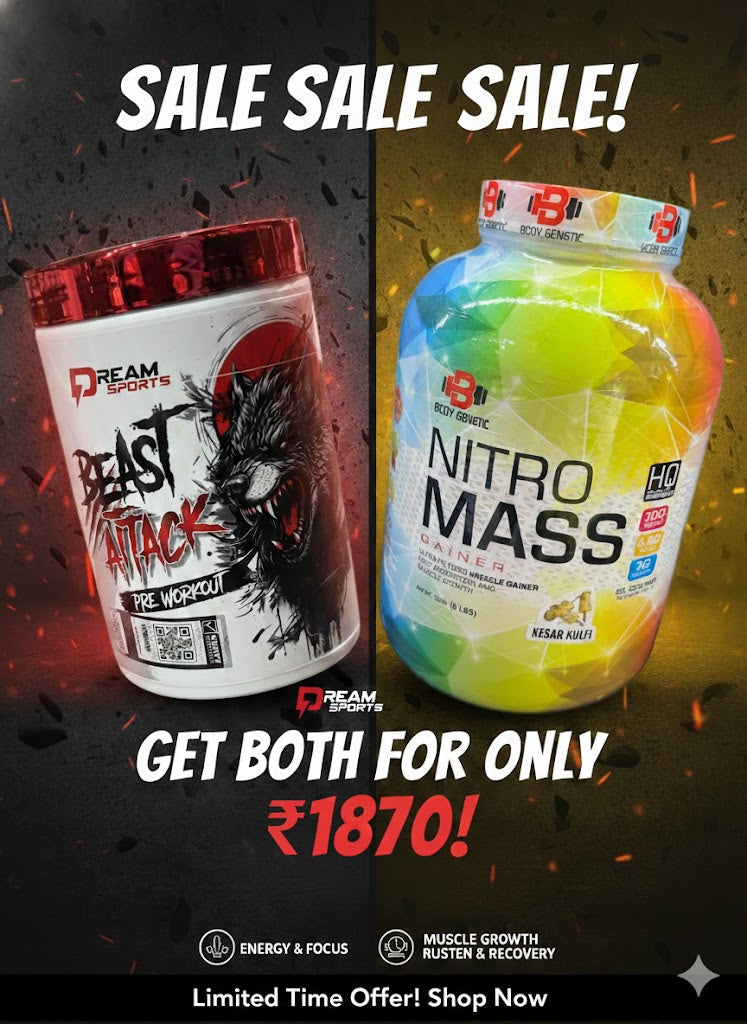 Ultimate Strength & Mass Combo : Dream Sports Beast Attack (Pre-Workout) + Body Genetic Nitro Mass (Lean Gainer)
