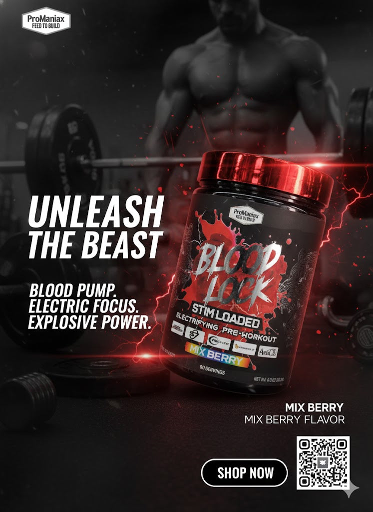 ProManiax Blood Lock: Stim Loaded Electrifying Pre-Workout – 60 Servings (Mix Berry)