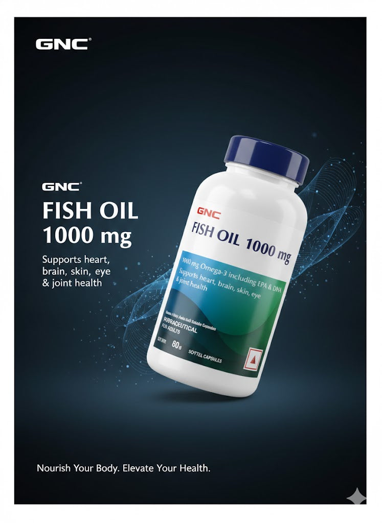 GNC Fish Oil 1000mg – High-Quality Omega-3 with EPA & DHA | Supports Heart, Brain, Skin, Eye & Joint Health | 60 Softgel Capsules