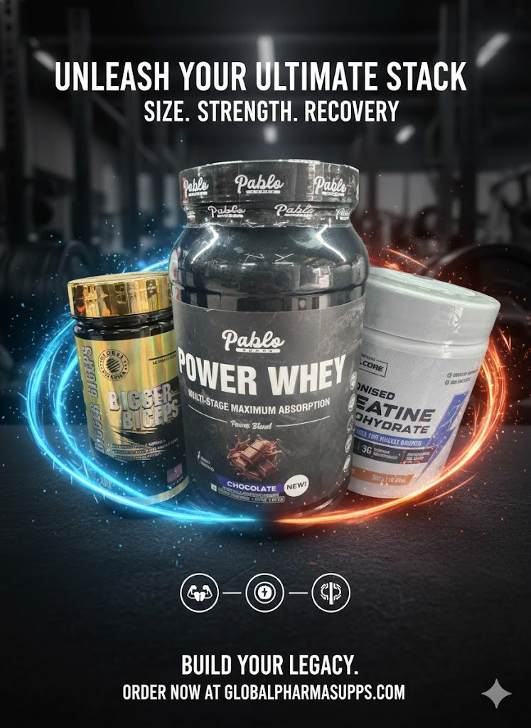 Ultimate Muscle Build & Power Combo: Pablo Power Whey, Wellcore Micronised Creatine, and Global Pharma Bigger Biceps