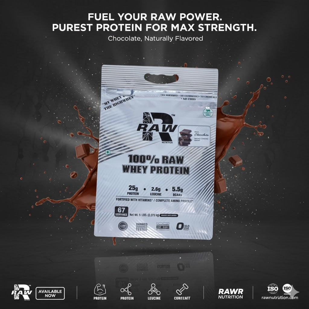 RAW Nutrition 100% Raw Whey Protein – Pure Muscle Support with 25g Protein & 5.5g BCAAs | Fortified with Vitamins | Chocolate Flavor (2.275kg / 67 Servings)