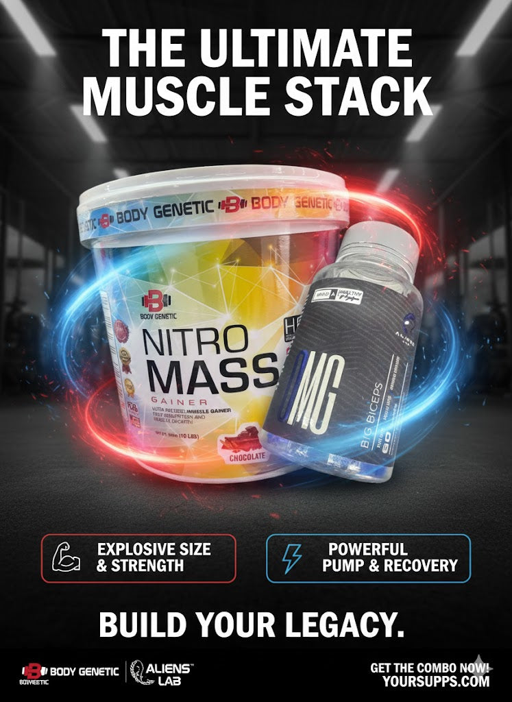 Body Genetic Nitro Mass Gainer (4.5 Kg) & Aliens Lab OMG Big Biceps 60 Caps Combo offer sale